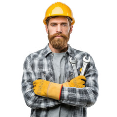 Confident Worker in Hard Hat Holding Tools with Focused Expression