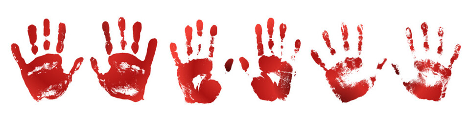 Bloody hand print silhouettes set. Grunge red handprint isolated