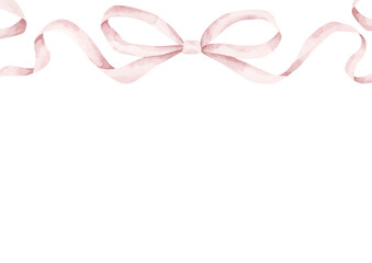 It's a girl. Watercolor hand-drawn horizontal frame with pink ribbon and bow. Template card for design baby shower, gender reveal party and nursery.