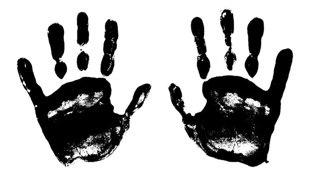 Hand print with left and right palm. Grunge black kids handprint isolated