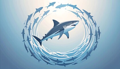 Shark surrounded by fish in a vortex