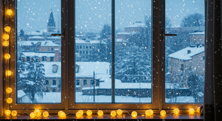 Naklejka premium Cozy winter evening view through a window with warm fairy lights as snow falls
