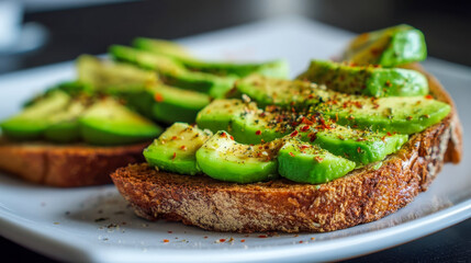 Avocado toast with fresh avocado slices and seasonings on crisp whole grain bread