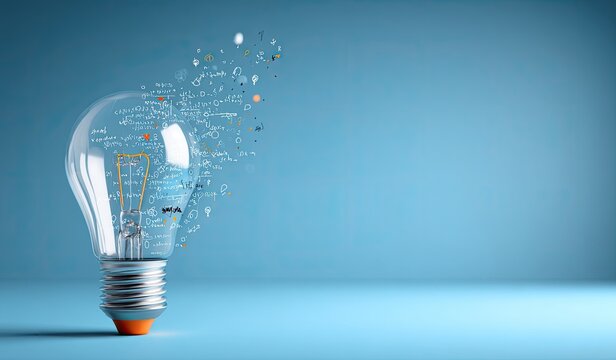 Transparent lightbulb with formulas and symbols emanating
