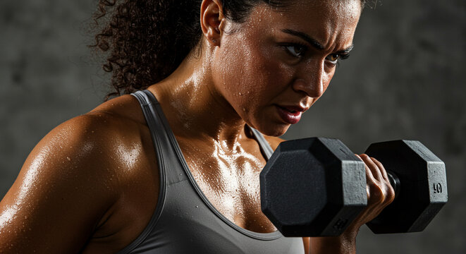 Determined woman intensely lifting dumbbell, glowing with sweat during intense workout session.
