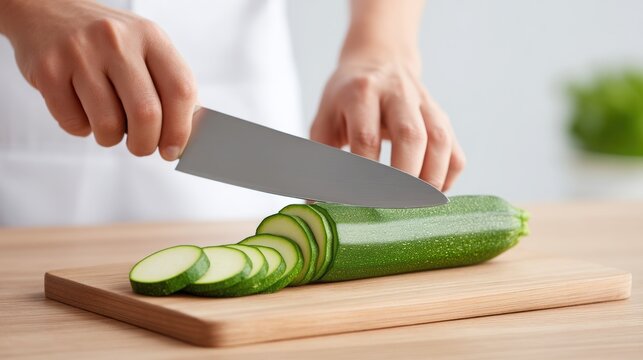Person slicing zucchini on a wooden cutting board in a bright kitchen setting.