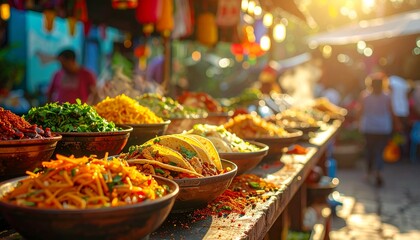 Fototapeta premium Street food market scene with tacos, noodles, spice 