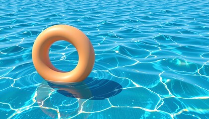 In the tranquil expanse of blue water, an orange rubber ring floats peacefully. The ripples around it suggest gentle movement in the water.