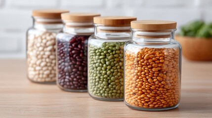 Jars filled with colorful legumes arranged neatly on a wooden surface.