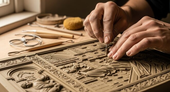 Close-up of artist hands carving intricate design into clay plaque