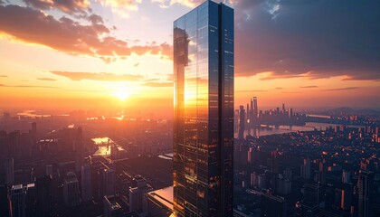 Sunrise Metropolis: A Glass Skyscraper at Dawn