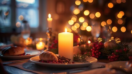 Warm Candlelit Christmas Dinner Setting with Festive Decorations
