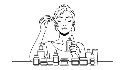 A woman with a towel wrapped around her head applying serum from a dropper to her face surrounded by skincare products and bottles in a line illustration