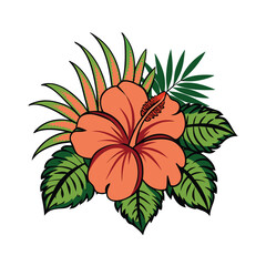 Vibrant hibiscus flower blooming in a lush tropical setting with exotic palm leaves