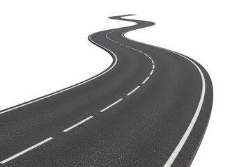 Curving asphalt road with white lines isolated on transparent background, symbolizing travel and direction