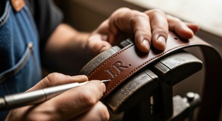 Close-up of Craftsman Engraving Initials on Leather Belt with Tool