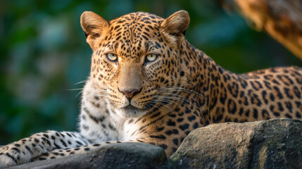 Obraz premium Leopard lying on rocks with intense gaze, majestic portrait of big cat in natural forest habitat