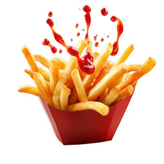 Crispy French Fries with Ketchup Splash on Transparent Background