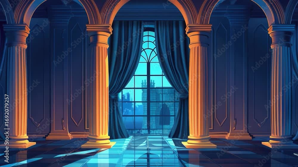 Aufkleber a room with columns and a large window