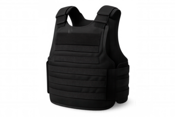 Black bulletproof vest isolated on transparent background, providing protection and safety in dangerous situations