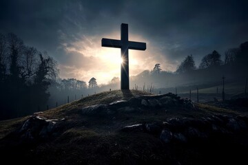 The dawn breaks over a hillside adorned with a cross symbolizing resurrection.