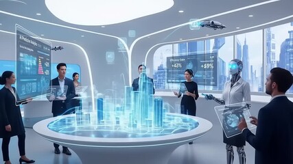 Futuristic business meeting with diverse professionals analyzing holographic city data in a modern office - Powered by Adobe