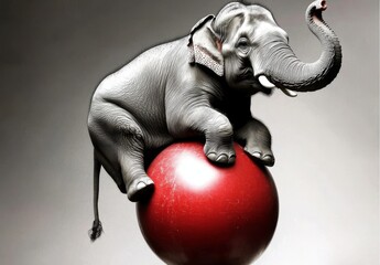 A circus elephant performs a stunning balancing act on a colorful ball.