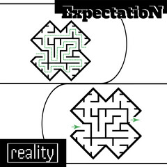 Illustration with labyrinth, maze conundrum for kids. Baby puzzle with entry and exit. Children puzzle game. Expectation and reality for labyrinth.