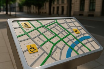 A tactile map with Braille and accessibility icons guides individuals through an urban environment, promoting inclusive city navigation.
