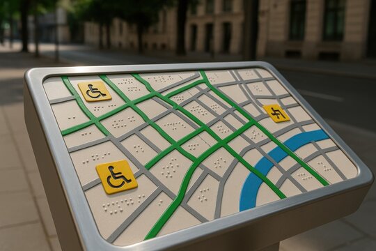 A tactile map with Braille and accessibility icons guides individuals through an urban environment, promoting inclusive city navigation.
