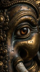 Obraz premium Close-up of Ornate Bronze Decorative Elephant Face with Intricate Carvings and Rich Patina