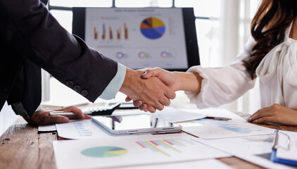 Real estate, success deal business handshake or shaking hand with landlord realtor, client male...