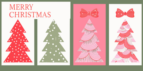 Four festive christmas tree designs with merry christmas text and red bows