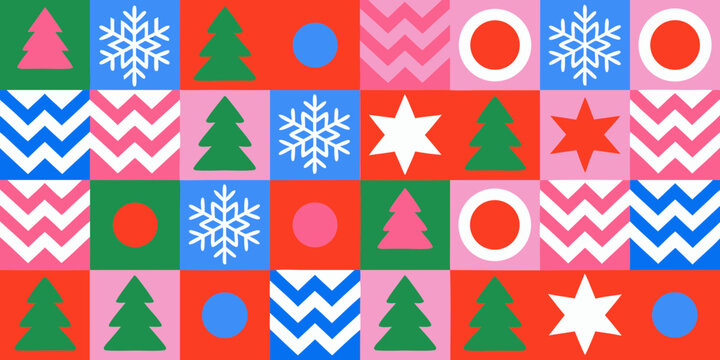 Vibrant geometric christmas pattern with trees snowflakes stars and circles in bold colors - Powered by Adobe