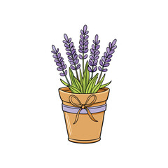 Charming lavender plant in a rustic pot adorned with a tied bow on a clean white background