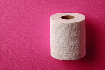 Toilet paper roll stands on a vibrant pink background, creating a simple yet striking image