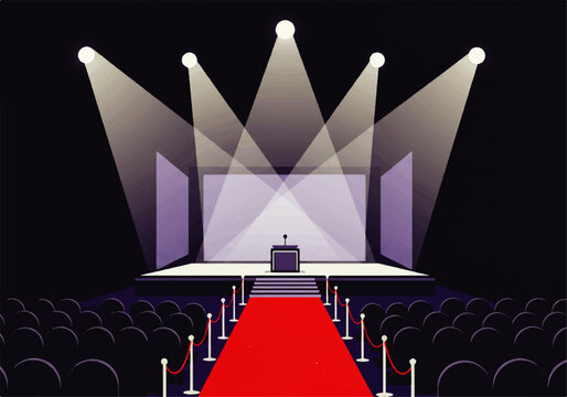 Flat 2D minimalist illustration of a glamorous award stage with spotlights and red carpet, inspired by VMAs 2025 style, clean and simple