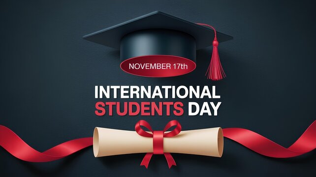Festive banner with the text International Students' Day, November 17 featuring a graduation cap and scroll with a red ribbon on a dark background. 