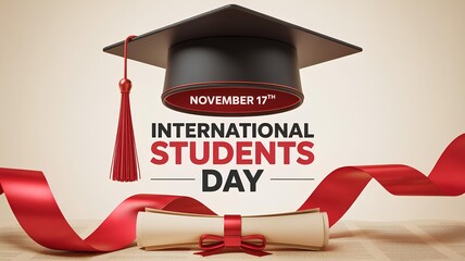 Modern poster with the text International Students' Day, November 17 featuring a graduation cap and scroll with a red ribbon on a white background. Students' holiday