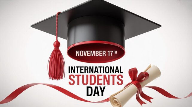Festive banner with the text International Students' Day, November 17 featuring a graduation cap and scroll with a red ribbon on a white background. 