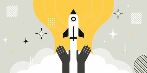 Creative concept of a rocket launching from hands with a light bulb background and abstract shapes