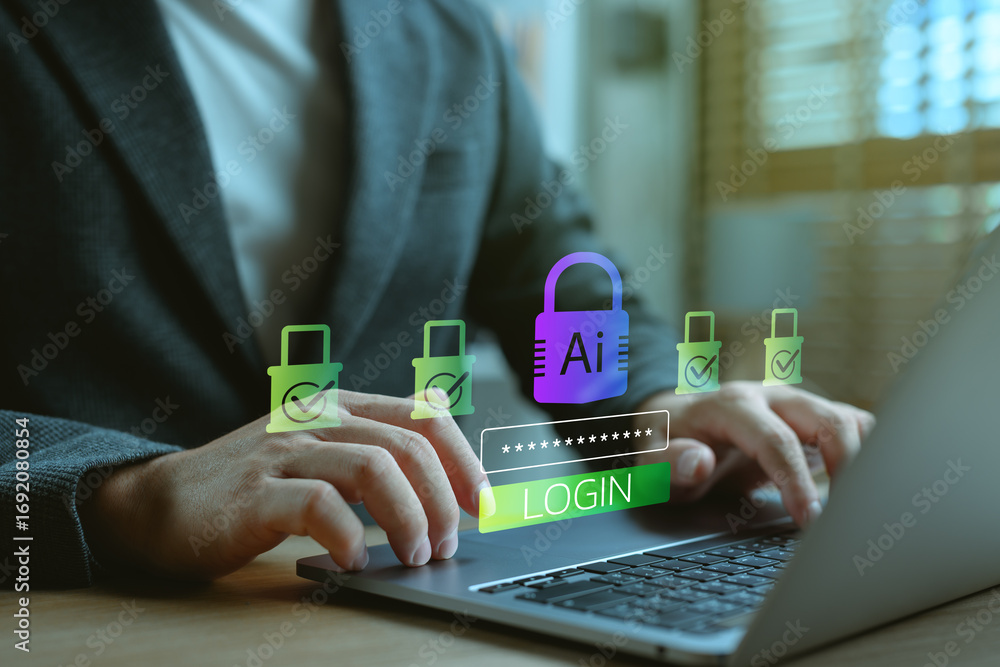 Poster concept of ai-driven cybersecurity and secure login system. a person in formal suit typing on laptop