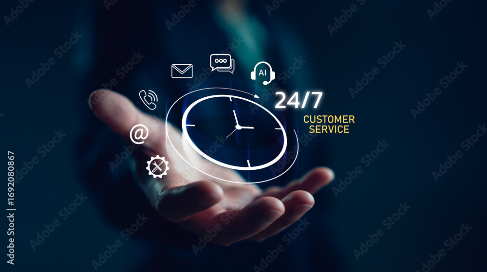Poster businessman hand holding a virtual interface showing 24/7 ai customer service icons, representing ar