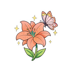 Elegant lily flower with delicate butterfly and shimmering sparkles in a soft color palette