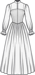 Long sleeve dress sketch, fashion illustration, vintage garment design, high neckline, pleated bodice, puffed sleeves, ruffled cuffs, technical drawing, sewing pattern, elegant silhouette