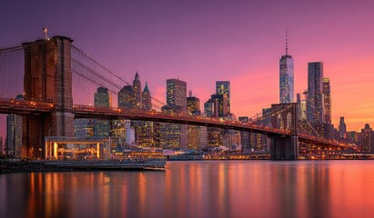 Fototapeta premium NYC skyline at sunset, Brooklyn Bridge
