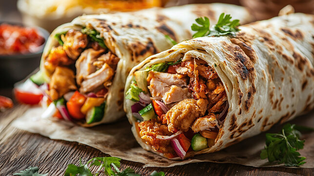 Two juicy shawarma with chicken and fresh vegetables are on the table - delicious street food, banner for advertising fast food, delivery and restaurants