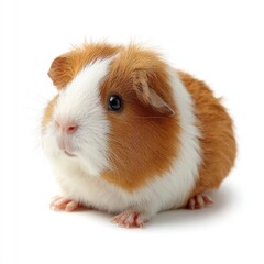 Cute, small guinea pig, reddish-brown and white, against white