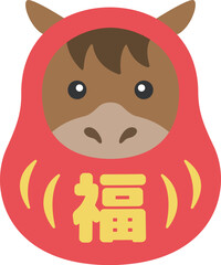 福の文字が入った、達磨の衣装を着た、馬のキャラクターのイラスト｜午年素材