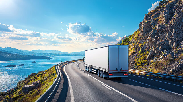 A truck with a trailer drives along the highway near the ocean on a sunny day - a concept of fast and reliable delivery